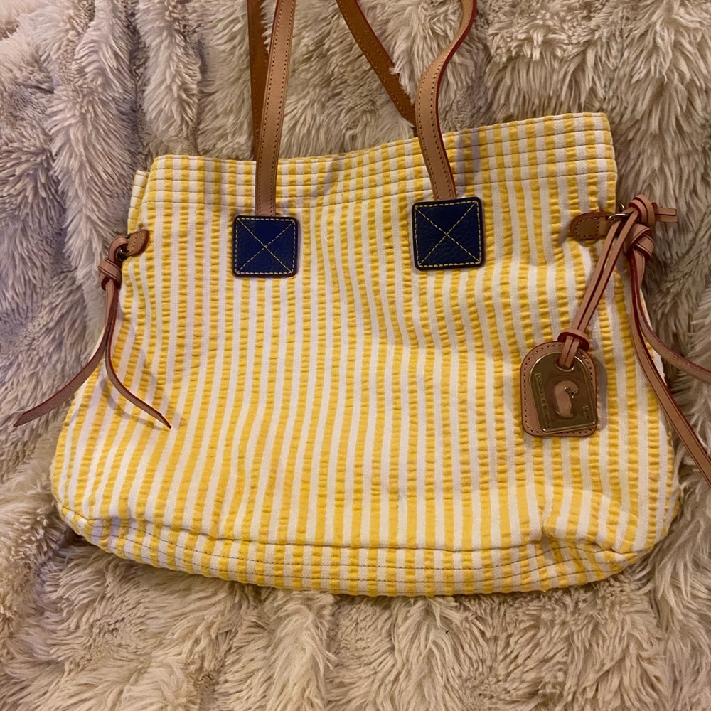 Yellow Striped Tote Bag with Duck hangtag.